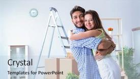  Presentation with new family new born - PPT layouts with movers packers - young family unpacking at new background and a light blue colored foreground