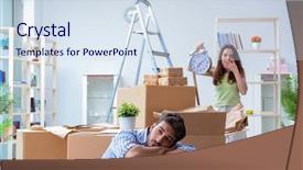  Presentation with family new born - Theme enhanced with movers packers - young family unpacking at new background and a sky blue colored foreground