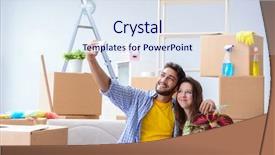  Presentation with new family new born - Beautiful PPT theme featuring movers packers - young family unpacking at new backdrop and a sky blue colored foreground