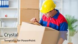  Presentation with man power service - Cool new presentation theme with movers packers - young man working in relocation backdrop and a lemonade colored foreground