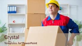  Presentation with working - Theme enhanced with movers packers - young man working in relocation background and a  colored foreground