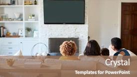  Presentation with living room family - Slides consisting of movie - back view of young family background and a coral colored foreground