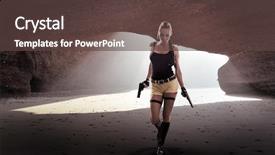  Presentation with actor - PPT theme having movie actor - lara croft saves the world background and a tawny brown colored foreground