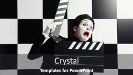  Presentation with actor - Beautiful PPT theme featuring movie actor and a mime posing with clapper board with different emotions chess board background cinema industry backdrop and a dark gray colored foreground