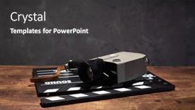  Presentation with camera film - Audience pleasing PPT theme consisting of movie-clapper-board-and-film backdrop and a dark gray colored foreground