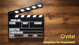  Presentation with clapper - Cool new slide set with movie clapper board at wooden backdrop and a tawny brown colored foreground