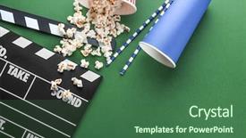  Presentation with popcorn movie - Beautiful slide set featuring movie clapper on color background backdrop and a ocean colored foreground