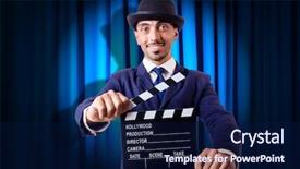  Presentation with movie curtain - Colorful PPT theme enhanced with movie clapper on curtain backdrop and a navy blue colored foreground