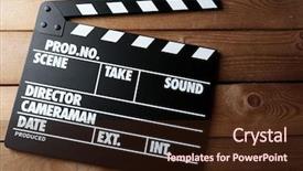  Presentation with clapper - Colorful slide set enhanced with movie clapper on wooden background backdrop and a  colored foreground