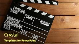  Presentation with clapper - Audience pleasing presentation theme consisting of movie clapper on wooden background backdrop and a tawny brown colored foreground