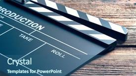  Presentation with clapper - PPT theme featuring movie clapper on wooden background background and a ocean colored foreground