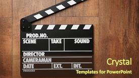  Presentation with movie marque - Presentation with movie clapperboard on wooden background background and a tawny brown colored foreground