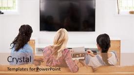  Presentation with trainee nurse sitting by female - PPT theme consisting of movie night - female friends sitting on sofa background and a coral colored foreground