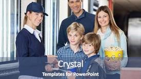  Presentation with family - PPT theme enhanced with movie night - happy family getting tickets checked background and a ocean colored foreground