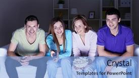  Presentation with electronic watch - Beautiful slides featuring movie night - young attractive friends watch tv backdrop and a light blue colored foreground
