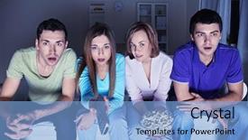  Presentation with friends - Presentation theme enhanced with movie night - young attractive friends watch background and a light blue colored foreground