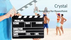  Presentation with audiotape production - Beautiful slide set featuring movie screen - operator holding clapperboard backdrop and a sky blue colored foreground