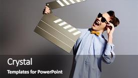  Presentation with clapper - PPT theme with movie star - cheerful young man holding clapper background and a dark gray colored foreground