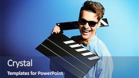  Presentation with clapper - PPT theme enhanced with movie star - cheerful young man holding clapper background and a ocean colored foreground