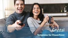  Presentation with young happy couple - Audience pleasing theme consisting of movie teathe - happy young couple sitting backdrop and a ocean colored foreground