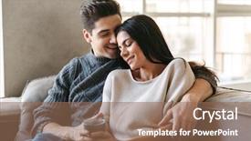  Presentation with young happy couple - Slide deck consisting of movie teathe - happy young couple sitting background and a violet colored foreground