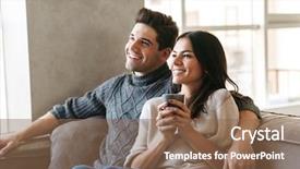  Presentation with young happy couple - Colorful slide deck enhanced with movie teathe - happy young couple sitting backdrop and a violet colored foreground