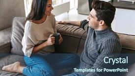  Presentation with young happy couple - Theme having movie teathe - happy young couple sitting background and a  colored foreground