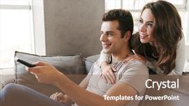  Presentation with couch potato - Slide deck with movie teathe - happy young couple sitting background and a  colored foreground