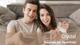  Presentation with couch potato - PPT theme featuring movie teathe - smiling young couple relaxing background and a  colored foreground
