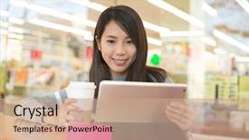  Presentation with young sing woman singing young - Colorful presentation theme enhanced with movie teathe - young woman look at digital backdrop and a coral colored foreground