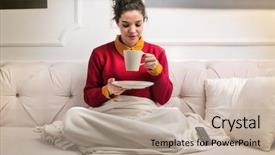  Presentation with tea cup - Presentation theme featuring movie teathe - young woman sitting background and a mint green colored foreground