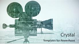  Presentation with film reel - Slide deck featuring movie themes - film reel camera with tripod background and a sky blue colored foreground