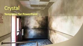  Presentation with gloomy - Beautiful slides featuring movie themes - gloomy burned hall and opened backdrop and a  colored foreground
