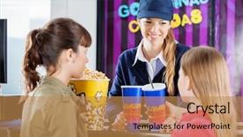  Presentation with female l leader - Beautiful PPT theme featuring girls at cinema concession counter backdrop and a gold colored foreground