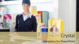  Presentation with popcorn - Theme consisting of female worker standing in background background and a light blue colored foreground