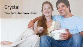  Presentation with television watching - Audience pleasing PPT theme consisting of movies watch - couple watching television while eating backdrop and a  colored foreground