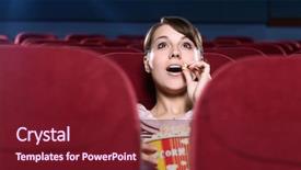  Presentation with movie theater - Slide deck featuring movies watch - young surprised woman eating popcorn background and a  colored foreground