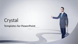  Presentation with young hackers in the concept - Beautiful slide deck featuring moving ahead - young businessman hitchhiking with progressive backdrop and a white colored foreground