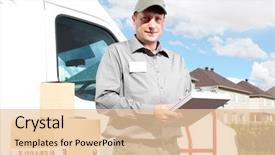  Presentation with courier delivery - Audience pleasing presentation consisting of moving background - happy professional shipping courier delivery backdrop and a lemonade colored foreground