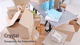  Presentation with new office - Cool new theme with moving background - move concept unpacking cardboard boxes backdrop and a coral colored foreground