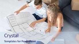  Presentation with floor plan - Theme having family planning cartonized - young couple with house plan background and a  colored foreground