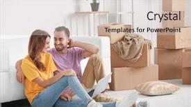  Presentation with new home - Audience pleasing presentation theme consisting of moving background laptop - young couple with notebook backdrop and a  colored foreground