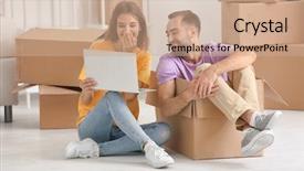  Presentation with new home - Beautiful presentation theme featuring moving background laptop - young couple with notebook backdrop and a  colored foreground