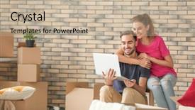  Presentation with new parents at home baby - Slide set consisting of moving background laptop - young couple with notebook background and a  colored foreground