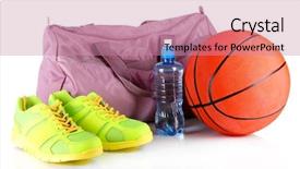  Presentation with bag - Slide set consisting of sports bag with sports equipment isolated on white background and a coral colored foreground