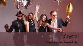  Presentation with dancing - Colorful slide set enhanced with moving balloons - multiethnic group of young smiling backdrop and a tawny brown colored foreground