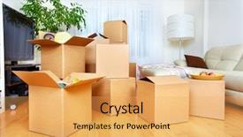  Presentation with real estate - PPT theme with moving-boxes-in-new-apartment background and a yellow colored foreground