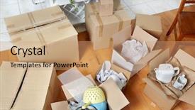  Presentation with moving - PPT theme consisting of moving boxes in new house background and a coral colored foreground