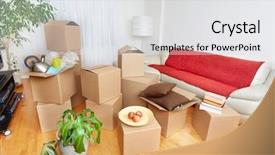  Presentation with real estate - Presentation theme consisting of moving-boxes-in-new-house background and a white colored foreground