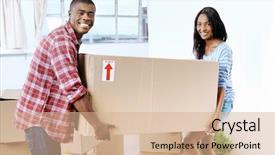  Presentation with african american black couple - Presentation design featuring moving boxes into new home background and a coral colored foreground